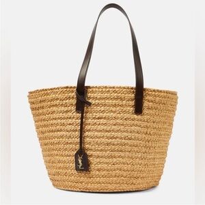 Authentic Saint Laurent Straw Raffia Calfskin Medium Panier Tote